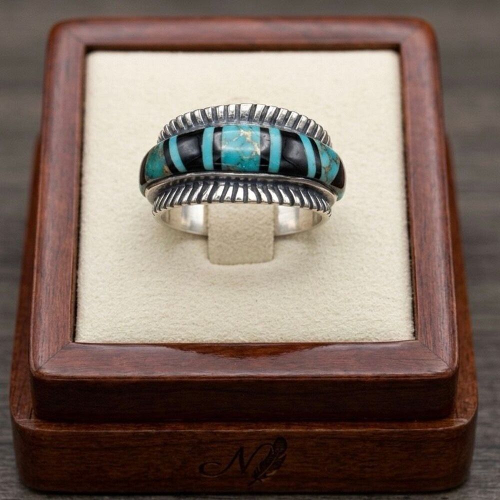 Southwestern Sterling Silver Turquoise & Black Onyx Inlay Band Ring New